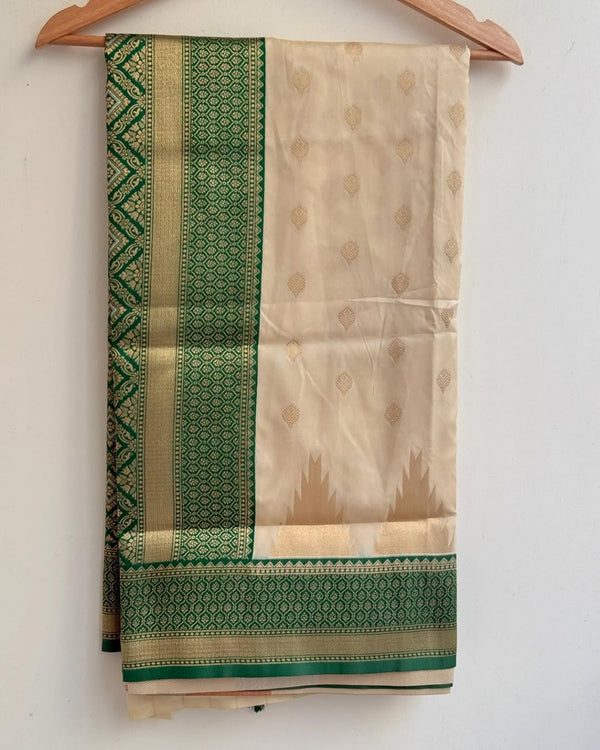 Off White-green Banarasi Silk Saree | Wedding & Festive Wear