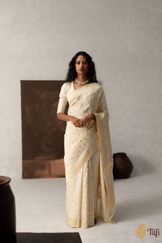 Off White Jacquard Silk Saree | Traditional Wedding Wear detail view