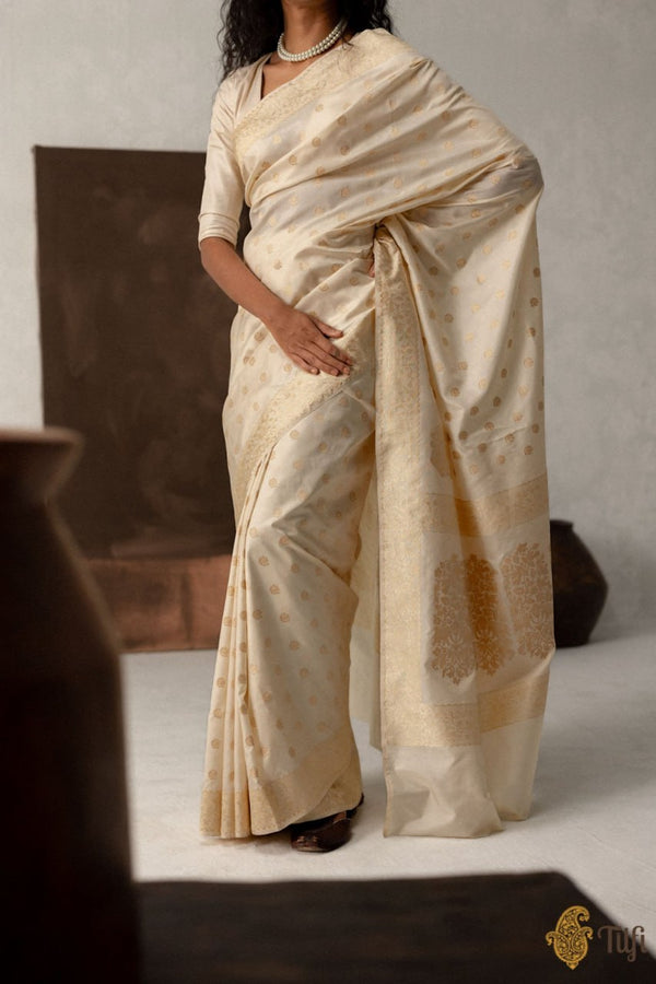 Off White Jacquard Silk Saree | Traditional Wedding Wear