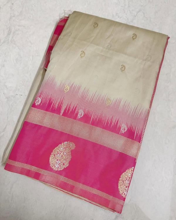 Off White-pink Banarasi Silk Saree | Wedding & Festive Wear