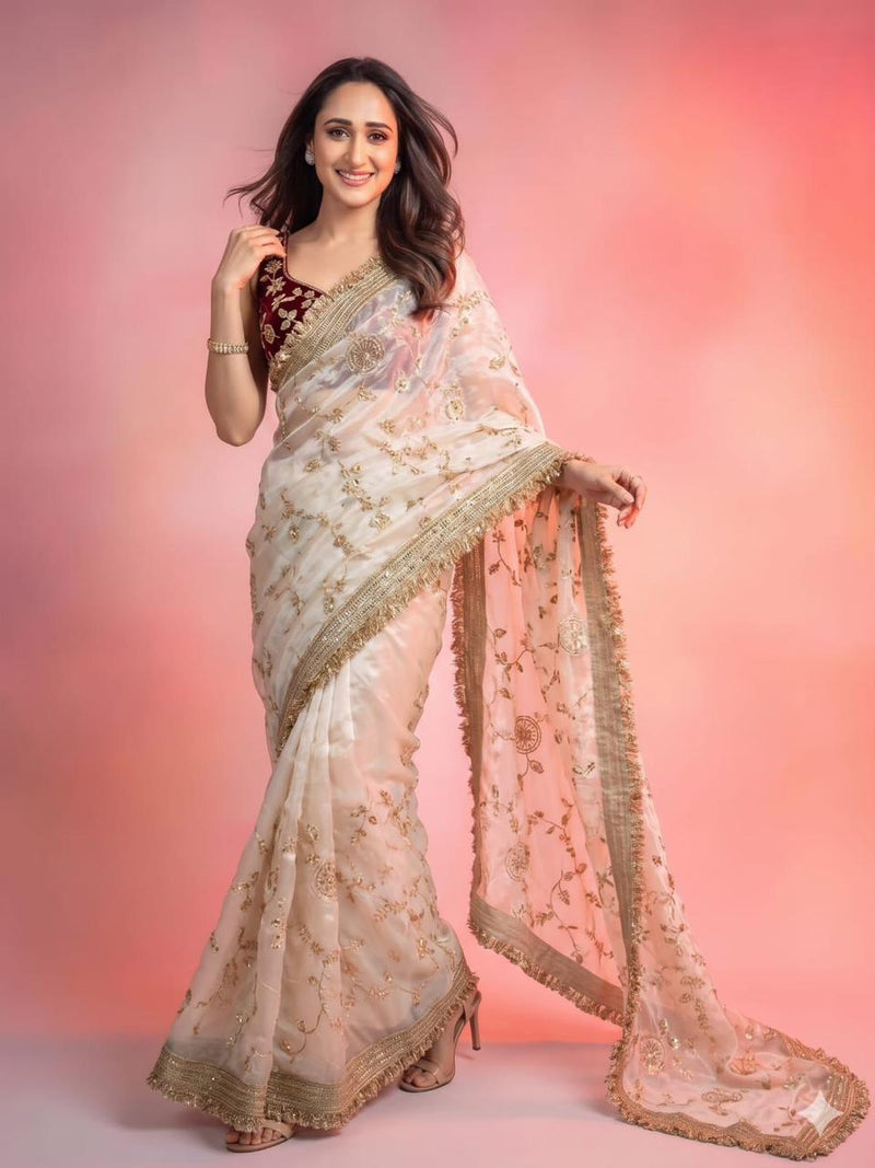 Off White Space Satin Sequin Bits Work Saree for Party Wear | RD RAADO