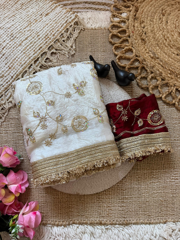 Off White Space Satin Sequin Bits Work Saree for Party Wear | RD RAADO