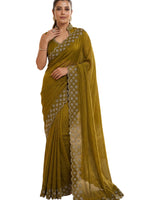 Olive Gold Satin Saree with Zari Weaving & Siroski Border | RD TANISHKA