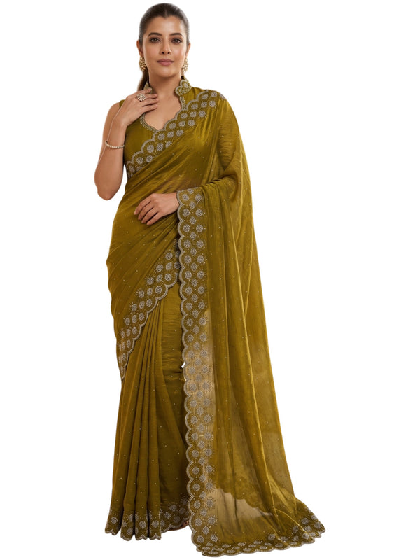 Olive Gold Satin Saree with Zari Weaving & Siroski Border | RD TANISHKA detail view
