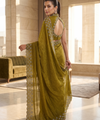 Olive Gold Satin Saree with Zari Weaving & Siroski Border | RD TANISHKA