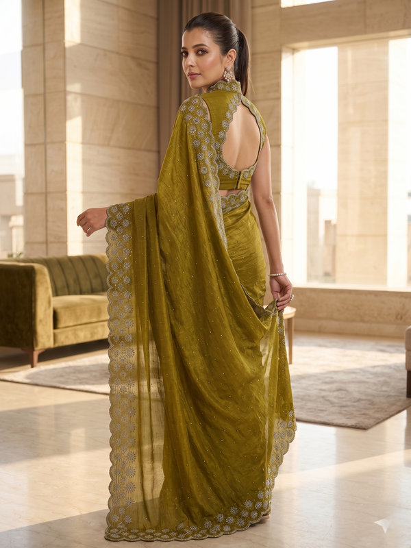 Olive Gold Satin Saree with Zari Weaving & Siroski Border | RD TANISHKA