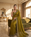 Olive Gold Satin Saree with Zari Weaving & Siroski Border | RD TANISHKA