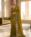 Olive Gold Satin Saree with Zari Weaving & Siroski Border | RD TANISHKA