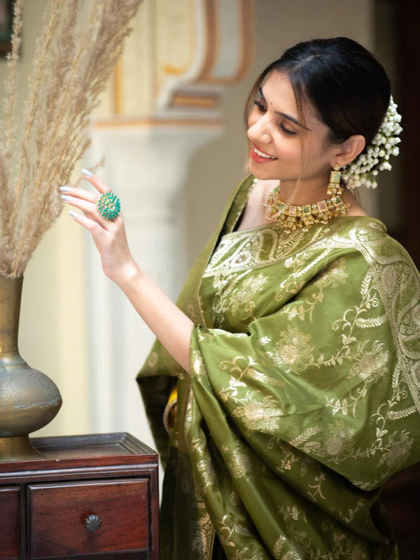 Olive Green Banarasi Silk Saree | Ethnic Wear for Women