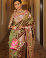 Olive Green Banarasi Silk Saree | Festive & Party Wear