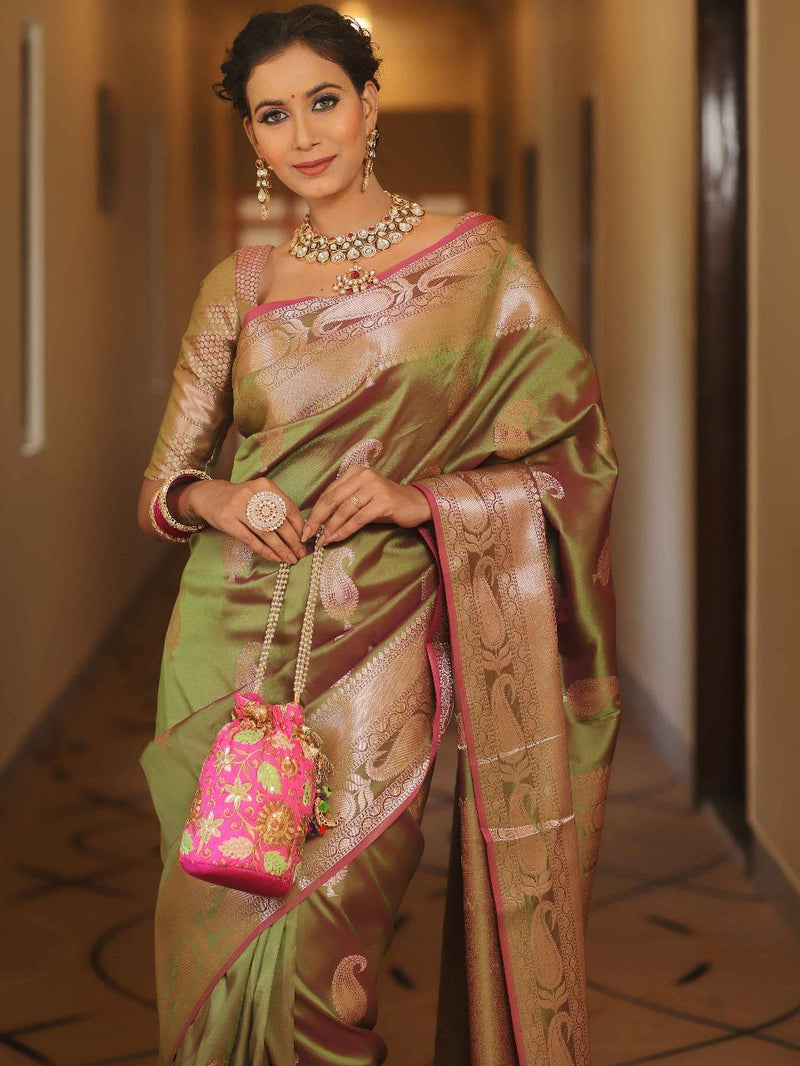 Olive Green Banarasi Silk Saree | Festive & Party Wear