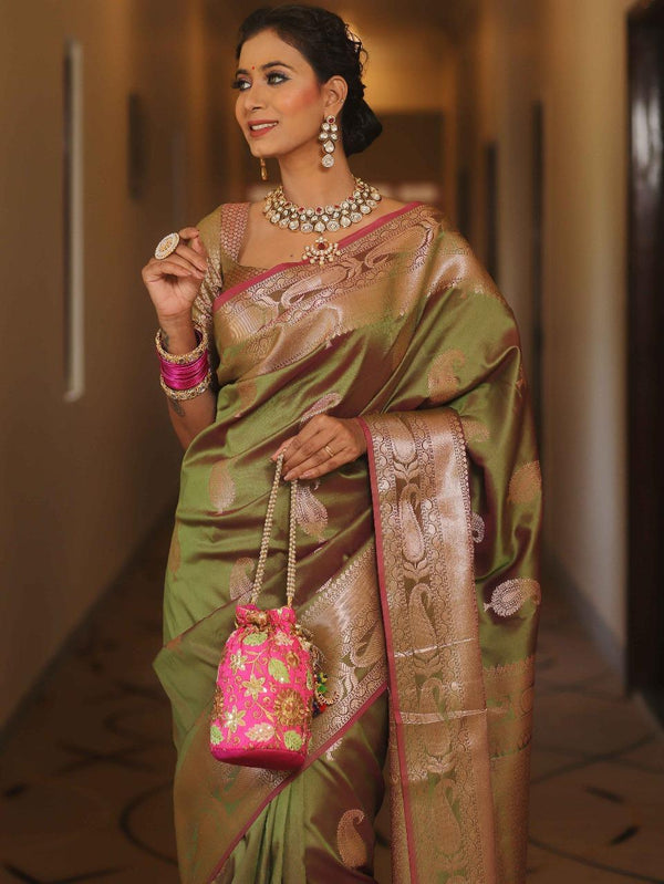 Olive Green Banarasi Silk Saree | Festive & Party Wear