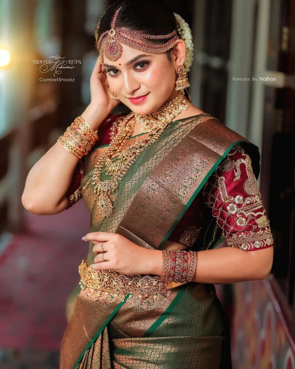 Olive Green Kanjivaram Silk Saree | Festive & Party Wear