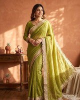 Olive Green Moss Satin Saree with Maharani Big Border | RD PRIYA