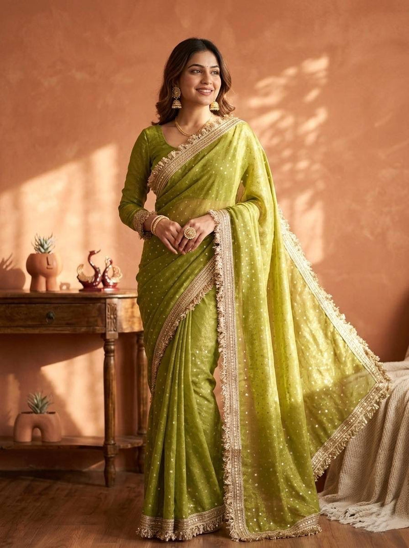 Olive Green Moss Satin Saree with Maharani Big Border | RD PRIYA