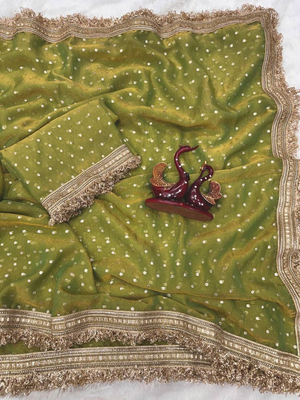 Olive Green Moss Satin Saree with Maharani Big Border | RD PRIYA