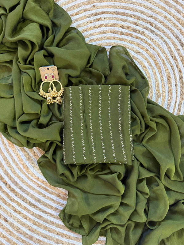 Olive Green Rangoli Crush Saree with Sequin Bits Blouse | RD VIAANA
