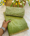 Olive Green Satin Bollywood Saree with Moti Work Designer Blouse | RD DIVISHA