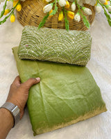 Olive Green Satin Bollywood Saree with Moti Work Designer Blouse | RD DIVISHA