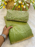 Olive Green Satin Bollywood Saree with Moti Work Designer Blouse | RD DIVISHA