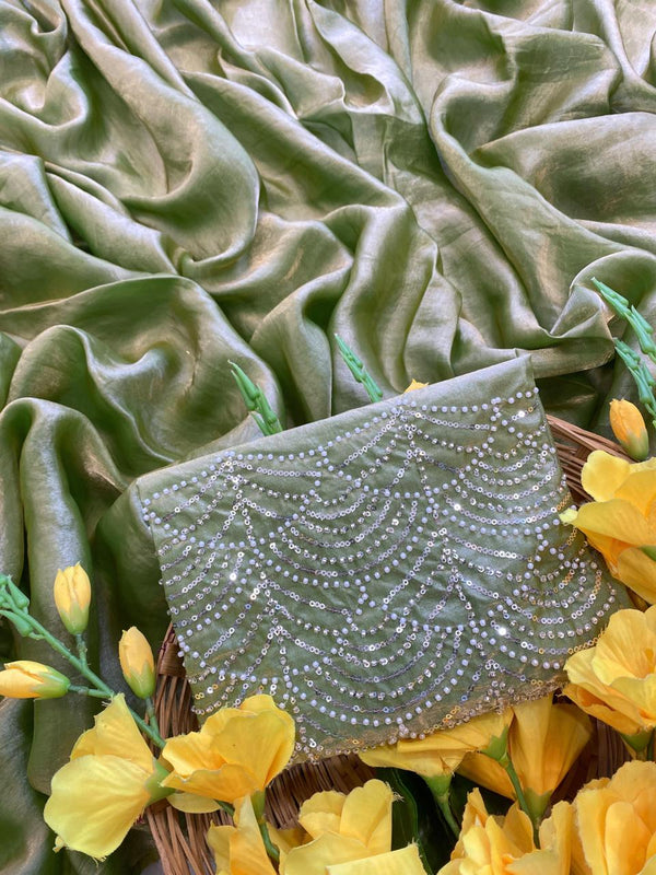 Olive Green Satin Bollywood Saree with Moti Work Designer Blouse | RD DIVISHA