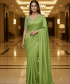 Olive Green Satin Bollywood Saree with Moti Work Designer Blouse | RD DIVISHA