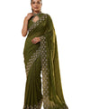 Olive Green Satin Saree with Zari Weaving & Siroski Border | RD TANISHKA