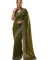 Olive Green Satin Saree with Zari Weaving & Siroski Border | RD TANISHKA