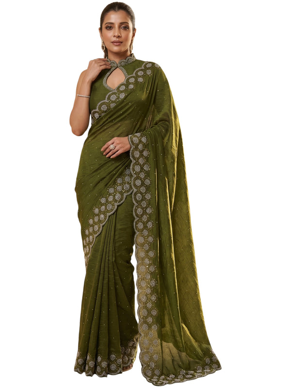 Olive Green Satin Saree with Zari Weaving & Siroski Border | RD TANISHKA