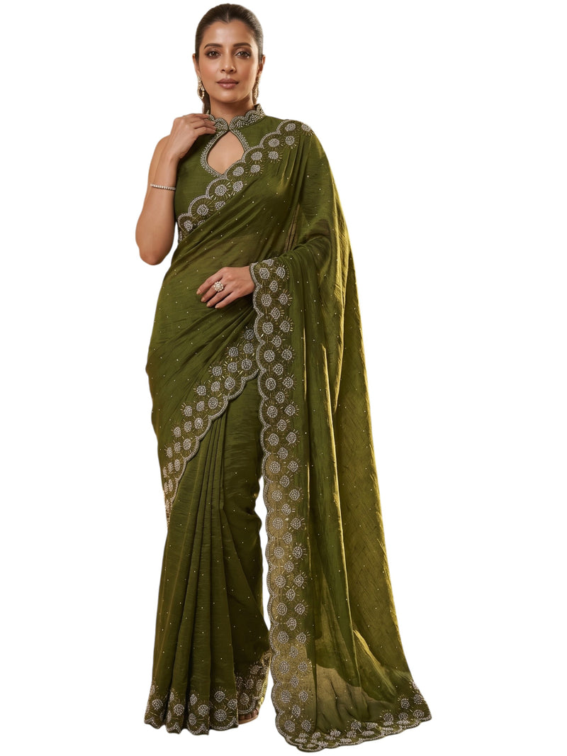 Olive Green Satin Saree with Zari Weaving & Siroski Border | RD TANISHKA