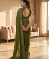 Olive Green Satin Saree with Zari Weaving & Siroski Border | RD TANISHKA
