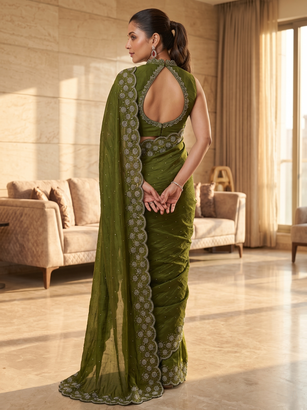 Olive Green Satin Saree with Zari Weaving & Siroski Border | RD TANISHKA