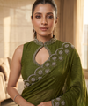 Olive Green Satin Saree with Zari Weaving & Siroski Border | RD TANISHKA
