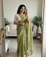 Olive Green Space Satin Sequence Work Saree for Party & Wedding | RD APEXA