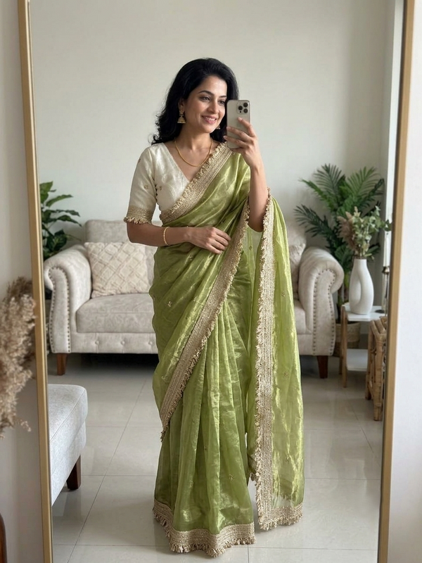 Olive Green Space Satin Sequence Work Saree for Party & Wedding | RD APEXA detail view