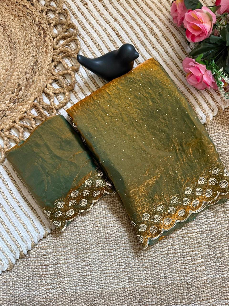 Olive Green Space Silk Jarkan Work Saree for Wedding & Party | RD TAMANAH