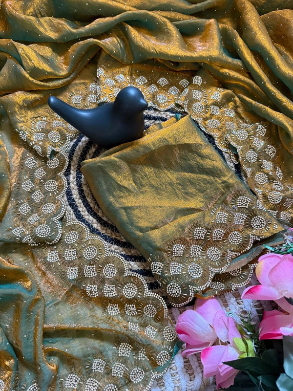 Olive Green Space Silk Jarkan Work Saree for Wedding & Party | RD TAMANAH