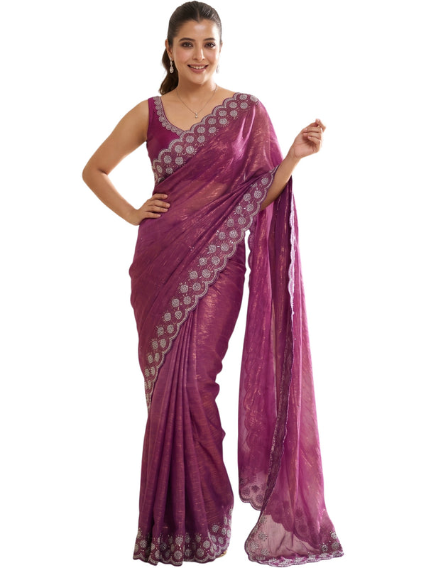 Onioin Pink Satin Saree with Zari Weaving & Siroski Border | RD TANISHKA detail view