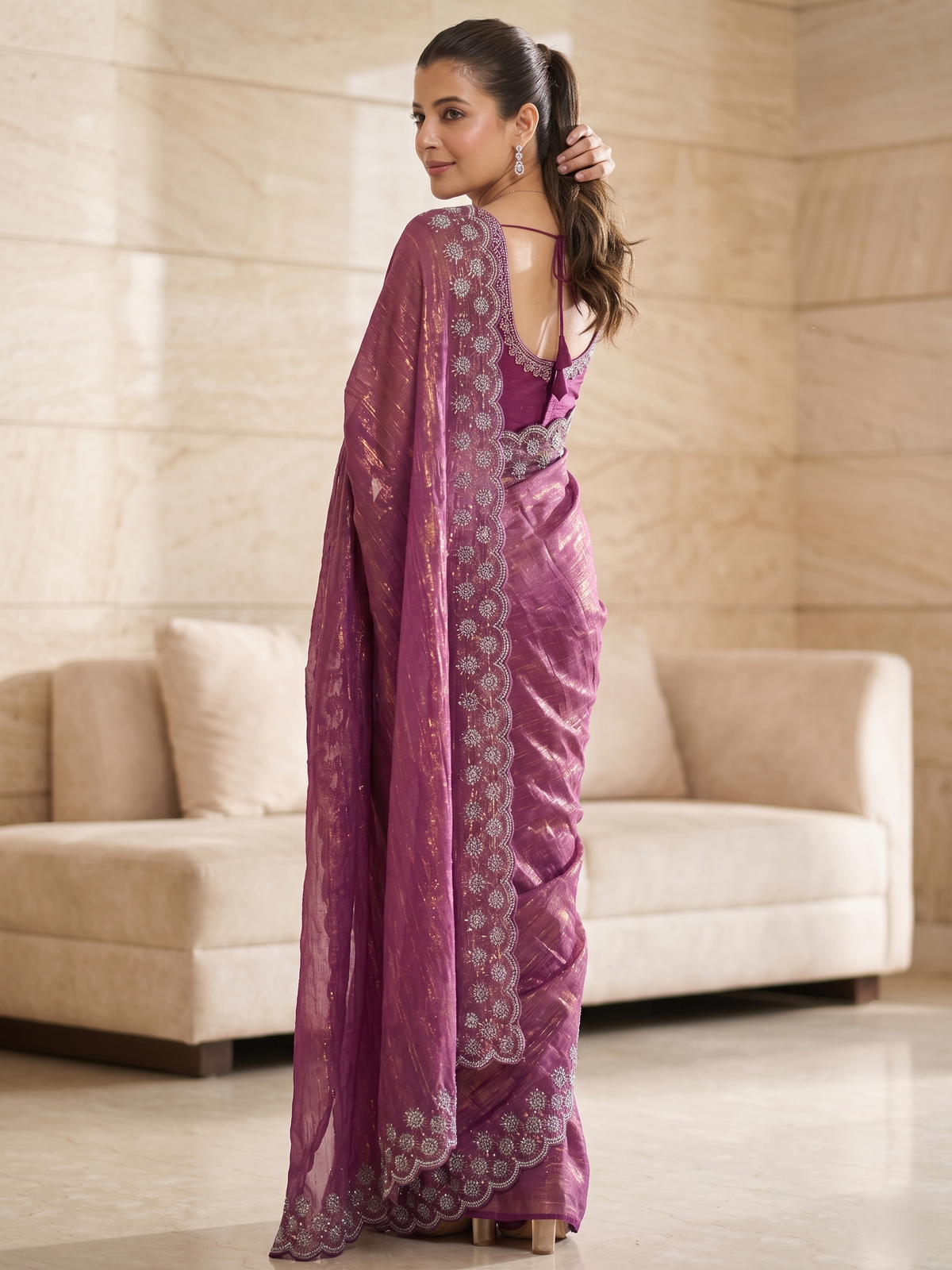 Onioin Pink Satin Saree with Zari Weaving & Siroski Border | RD TANISHKA