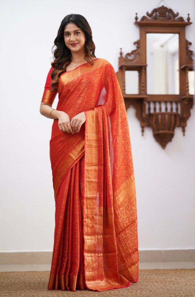Orange Banarasi Silk Saree | Festive & Party Wear