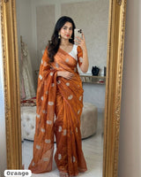 Orange Chiffon Party Wear Saree with Siroski & Moti Work | RD KHUSHI