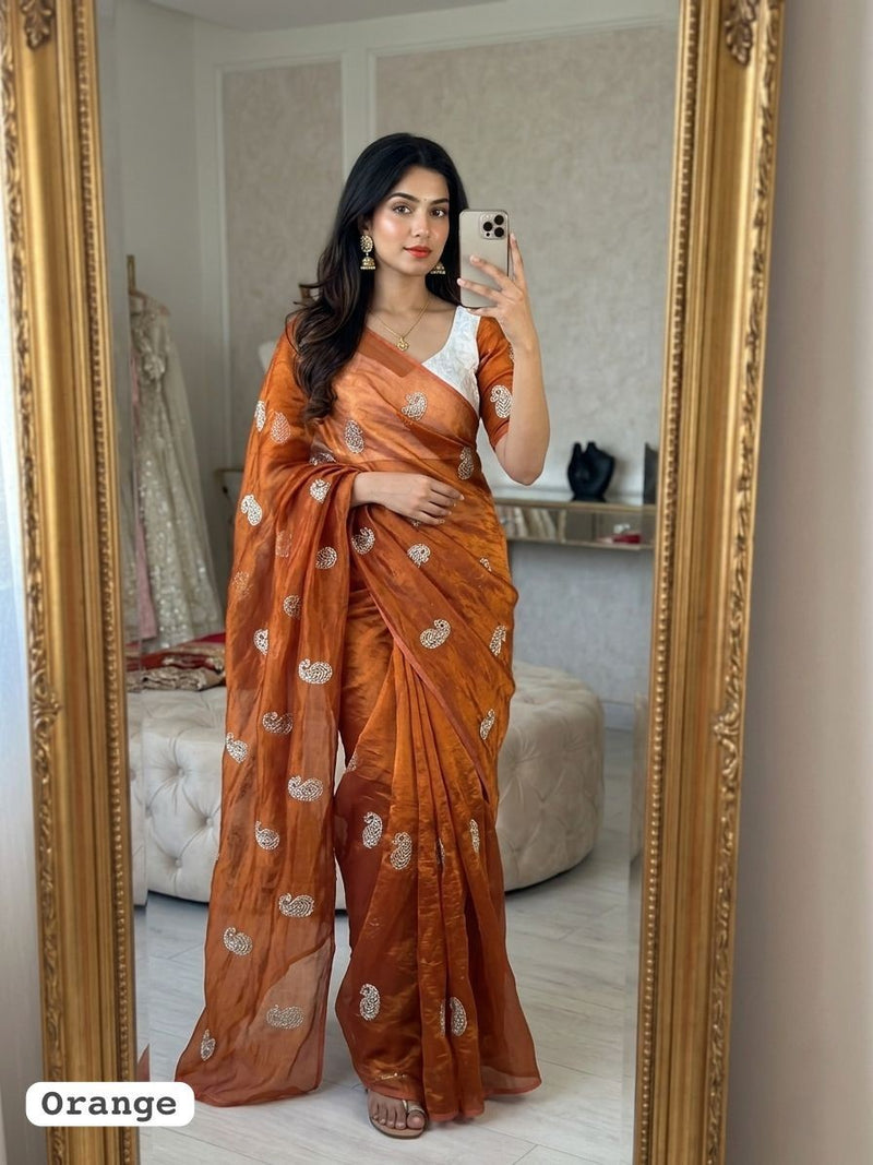 Orange Chiffon Party Wear Saree with Siroski & Moti Work | RD KHUSHI
