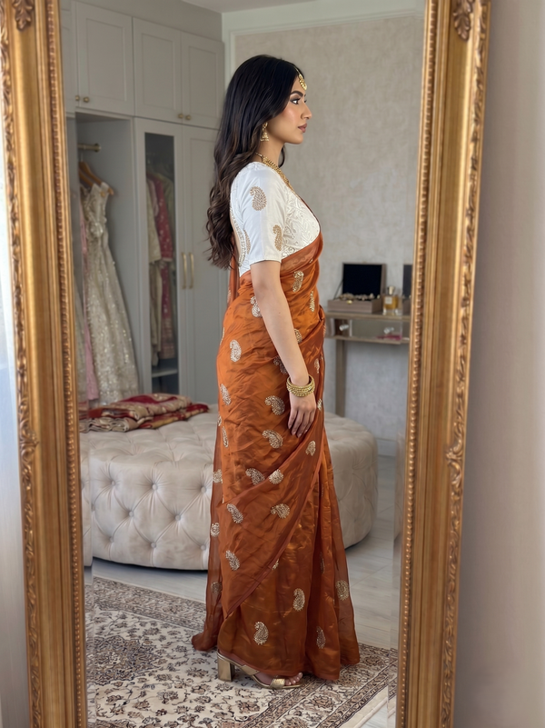 Orange Chiffon Party Wear Saree with Siroski & Moti Work | RD KHUSHI
