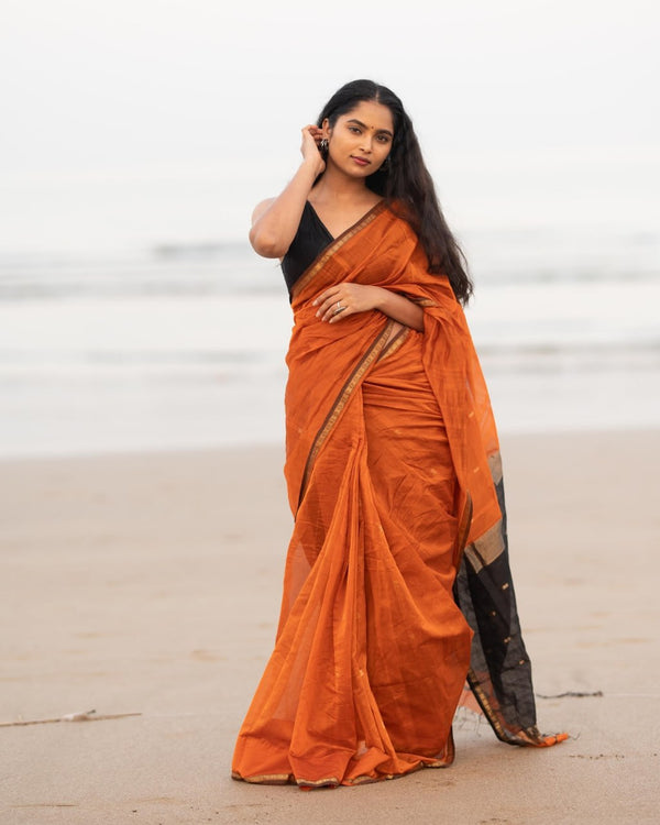 Orange Cotton Saree | Comfort Handloom Weave detail view