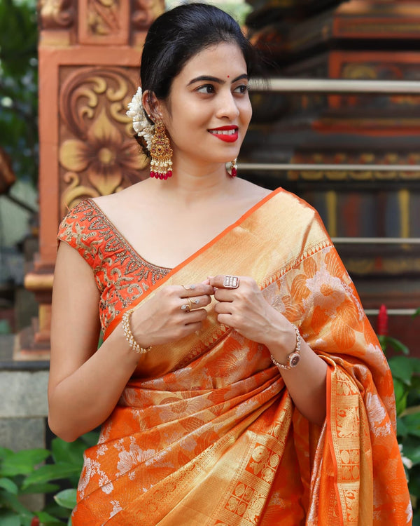 Orange Jacquard Silk Saree | Ethnic Wear for Women