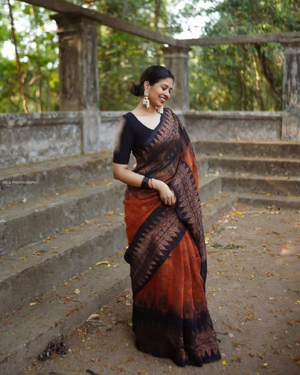 Orange Jacquard Silk Saree | Wedding & Reception Wear