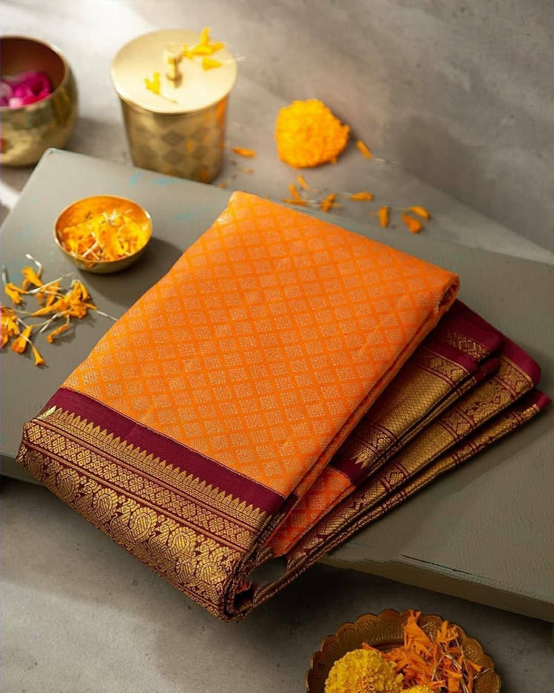 Orange Kanjivaram Silk Saree | Traditional Wedding Wear