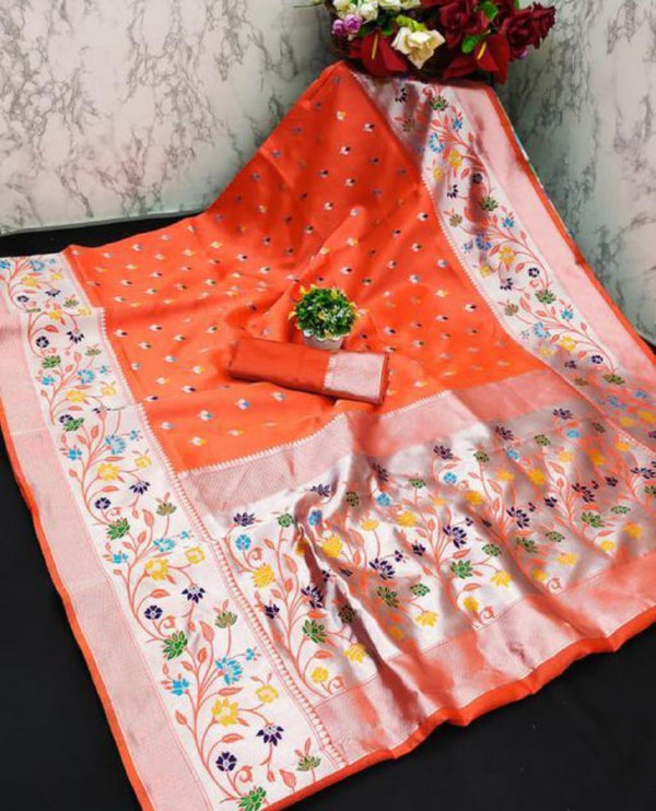 Orange Paithani Silk Saree | Traditional Wedding Wear