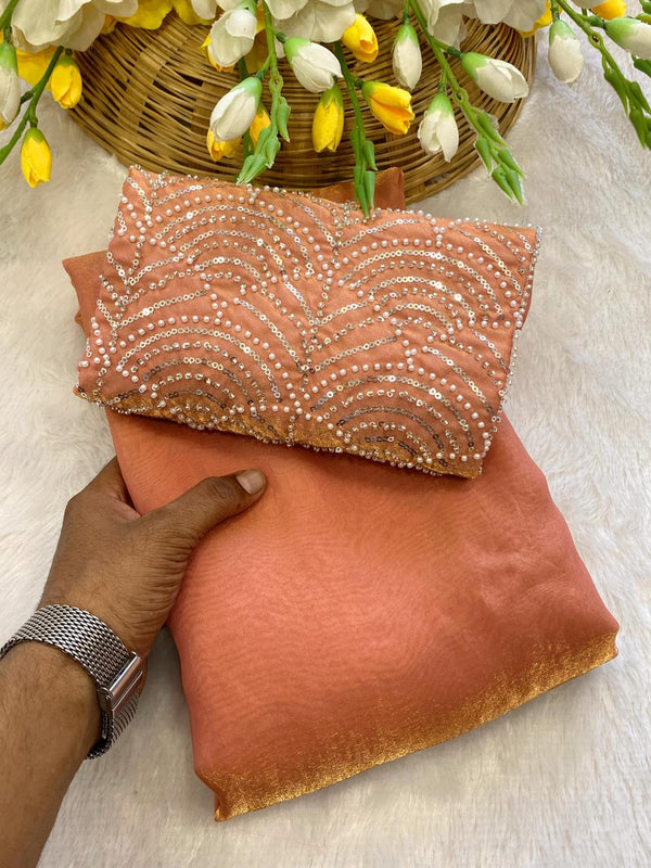 Orange Satin Bollywood Saree with Moti Work Designer Blouse | RD DIVISHA detail view