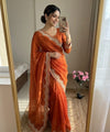 Orange Satin Saree with Gold Embroidery & Pearl Work Border | RD KAVITA